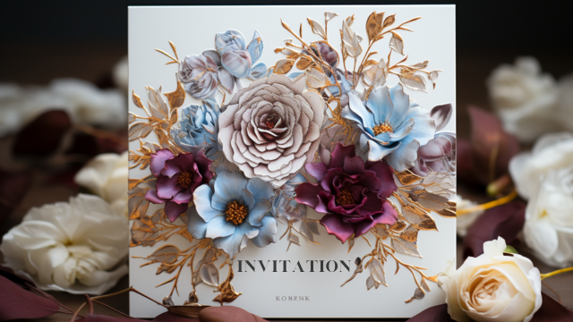 Wedding Invitations Wording: Craft Your Dream Invitation 45 Elegant floral wedding invitation with 3D effect featuring blush, burgundy, and dusty blue flowers accented with gold leaves on a neutral background
