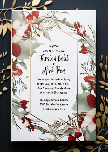 Floral wedding invitation with gold hexagon frame for Kirsten Bohl & Nick Pen, Sept 28, 2024, Brooklyn Botanic Garden