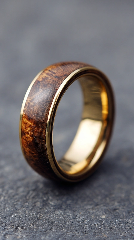 Close-up of wooden wedding band with gold inner lining on textured surface, rustic yet modern alternative ring design