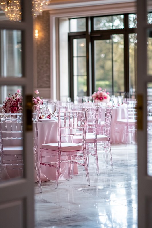 Elegant wedding setup with pink decor and rented chiavari chairs
