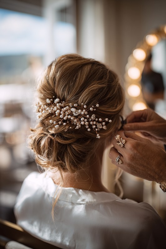 Elegant bridal hairstyle with pearls.