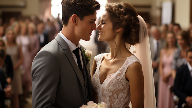 Writing Your Wedding Vows? Meaningful Tips & Examples 3 Bride and groom share a close moment during vows; bride in lace V neck gown, groom in gray suit, guests blurred behind