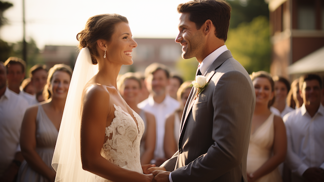 Writing Your Wedding Vows? Meaningful Tips & Examples 4 Bride and groom exchange vows outdoors in golden sunlight, smiling warmly at each other as guests look on in the background