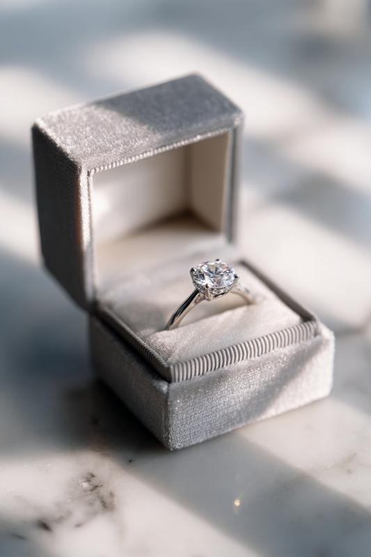 Elegant diamond ring in velvet box
