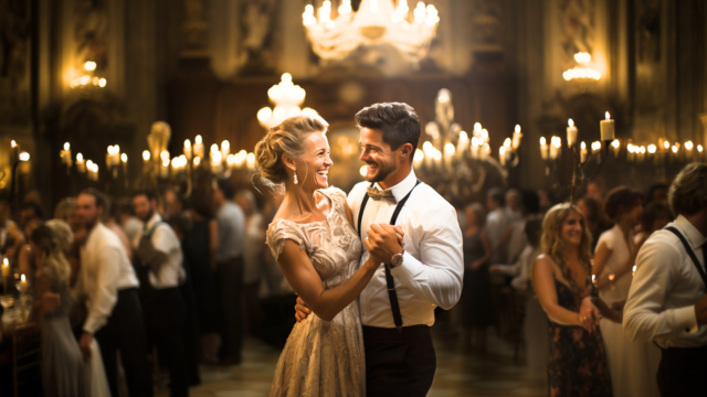 Popular Mother-Son Dance Songs For Weddings 1 Smiling groom and his mother dancing in a candlelit ballroom with chandeliers while guests waltz in the background at a wedding reception
