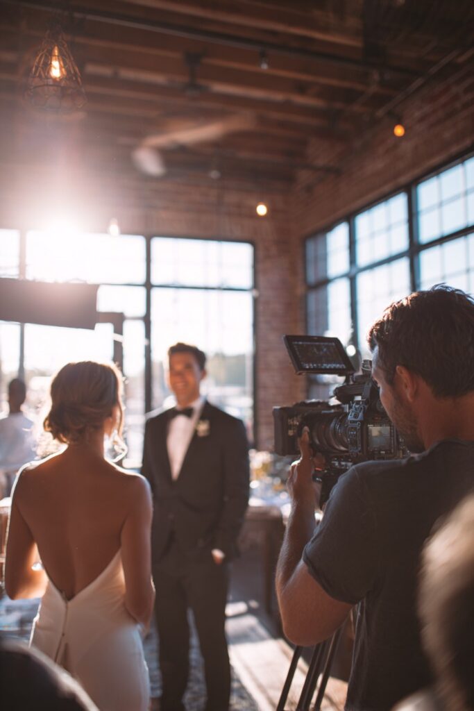 Couple being filmed during wedding ceremony.