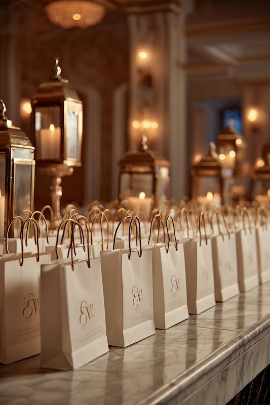 Elegant wedding favor bags lined up