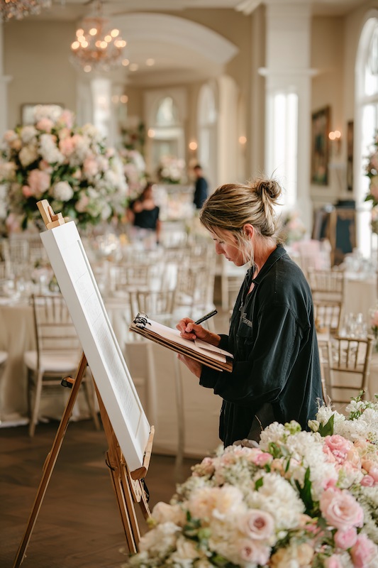 a wedding planner writing on a clipboard standing in a ballroom