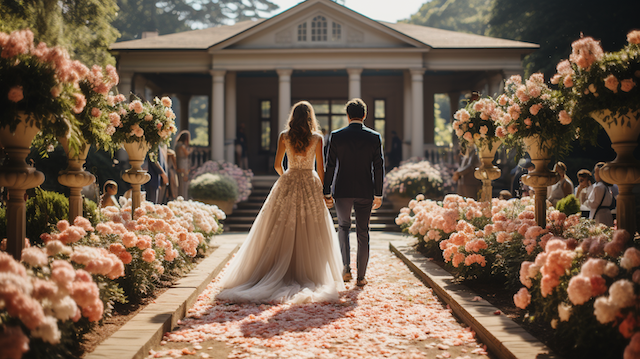 Bride and groom walk hand in hand up a petal strewn aisle bordered by pink blooms toward pavilion during an outdoor ceremony