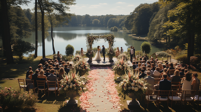 Lakeside outdoor wedding ceremony with floral aisle, arch, and guests seated facing couple under sunny garden setting