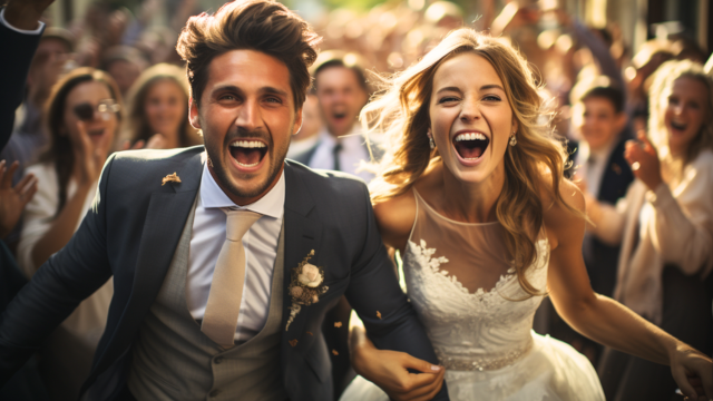 26 Ways to Personalize Your Wedding Ceremony: Tips and Ideas 41 Joyful bride and groom running down the aisle smiling with cheering guests celebrating behind them