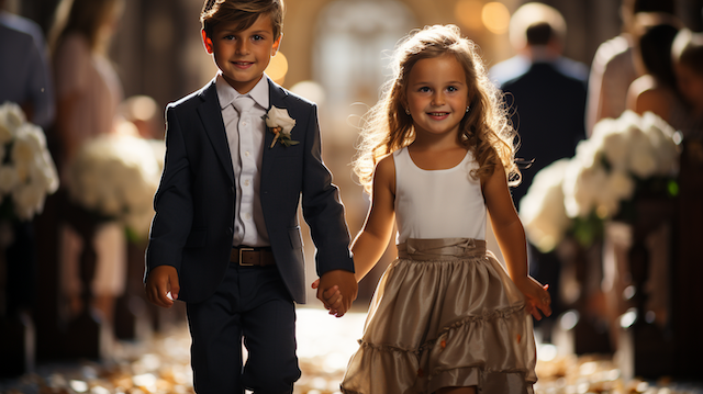 American Wedding Traditions: How the US Celebrates Love Like No Other 4 Ring bearer and flower girl walk hand in hand down the aisle, smiling amid petals and white florals in a softly lit church.