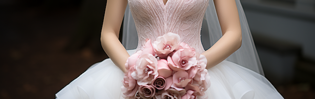 American Wedding Traditions: How the US Celebrates Love Like No Other 2 Bride in lace V neck gown holds blush pink bouquet, tulle skirt and veil in soft light, romantic American wedding style