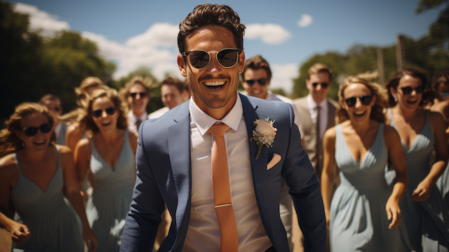 American Wedding Traditions: How the US Celebrates Love Like No Other 5 Groom in blue suit and peach tie leads laughing bridal party outdoors, bridesmaids in light blue dresses under sunny sky