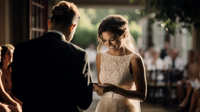 Bride smiling as she reads vows to groom during sunlit outdoor ceremony with guests blurred in the background