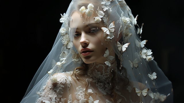 Bride in lace gown wearing butterfly adorned custom made veil against dark backdrop
