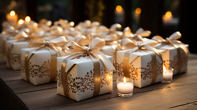American Wedding Traditions: How the US Celebrates Love Like No Other 7 Stack of elegantly wrapped wedding favors in white boxes tied with satin gold ribbons, glowing candlelight in background.
