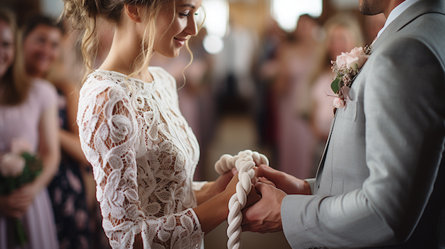 Unity Ceremonies: Best Picks for Personalizing Your Wedding 2 Bride and groom in a handfasting ceremony, lace wedding dress and light suit, hands bound with a braided cord while guests look on