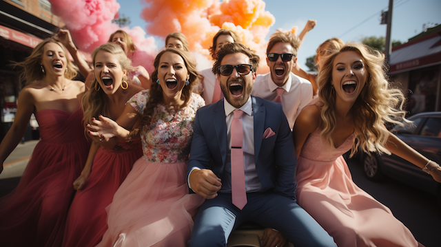 Wedding party cheering in bright pink outfits as they celebrate with colorful smoke bombs outdoors, joyful and energetic moment