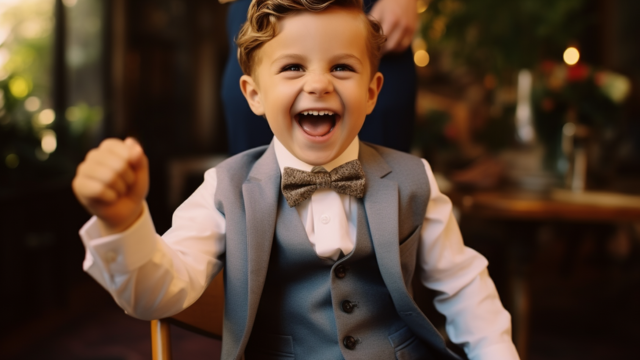 Smiling young ring bearer in light blue suit and bow tie laughing during wedding celebration