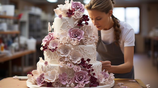 American Wedding Traditions: How the US Celebrates Love Like No Other 6 wedding cake maker decorates a tall white wedding cake adorned with blush and burgundy sugar flowers, showcasing intricate floral detailing.