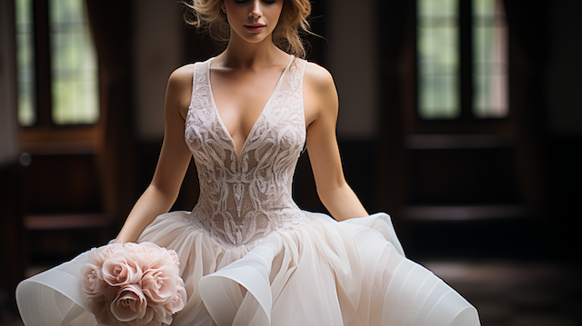 American Wedding Traditions: How the US Celebrates Love Like No Other 1 Bride in lace V neck ball gown holds blush roses in a softly lit hall, romantic and elegant wedding fashion portrait timeless