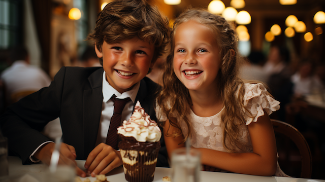 How To Say No Kids At Wedding: Crafting the Perfect Adults-Only Invite 2 Smiling boy in suit and girl in dress enjoying a chocolate sundae at a wedding reception table with warm lights in background