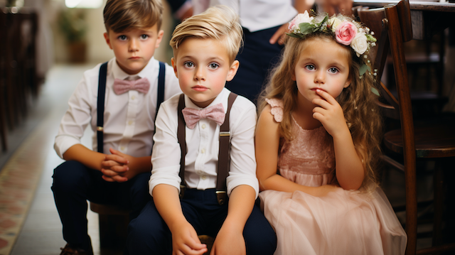 How To Say No Kids At Wedding: Crafting the Perfect Adults-Only Invite 3 Two boys in bow ties and suspenders sit with a flower girl in a pink dress and floral crown during a wedding ceremony