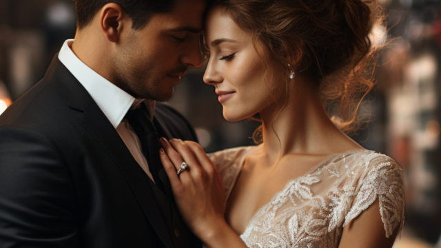 What Hand Does a Wedding Ring Go On? The Ultimate Guide 3 Newlyweds share a quiet moment as the bride in a lace gown rests her left hand with a diamond ring on the grooms lapel while they lean together
