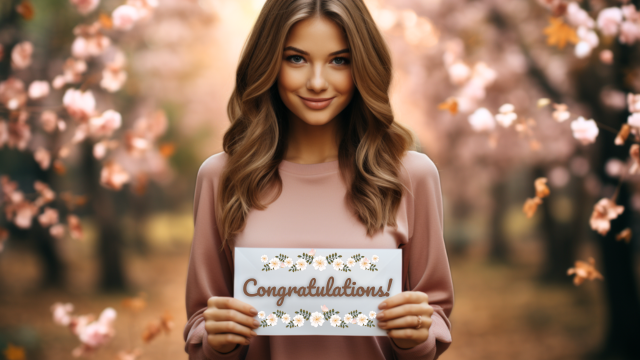 What to Write in a Wedding Card: From Heartfelt to Humorous 36 Smiling woman in blush sweater holds a floral Congratulations card amid soft focus cherry blossoms, perfect for wedding wishes