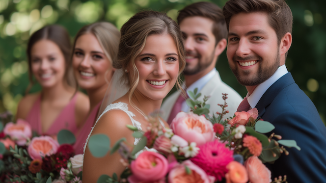 How Long Do Weddings Last: A Timely Breakdown for Couples 2 Bride and groom smiling with bridesmaids and groomsman, holding vibrant pink and peach bouquets during outdoor wedding portraits