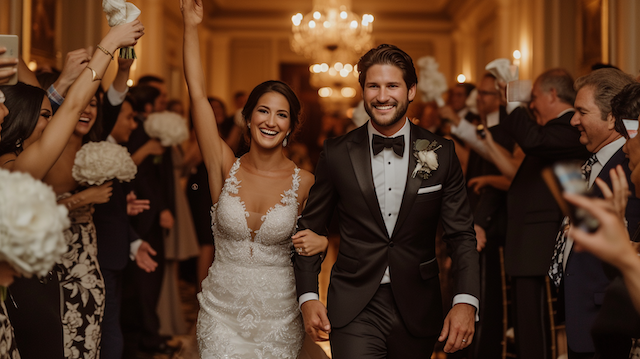 How Long Do Weddings Last: A Timely Breakdown for Couples 4 Bride and groom walking down aisle arm in arm, smiling and cheering as guests celebrate their indoor wedding aisle exit