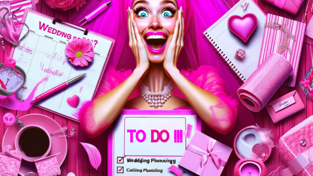 Excited bride in pink with wide eyes surrounded by wedding planning items, to-do list, gifts, and notebooks.