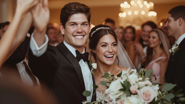 How Long Do Weddings Last: A Timely Breakdown for Couples 3 Bride and groom celebrating with guests, smiling and holding bouquet during joyful indoor wedding moment