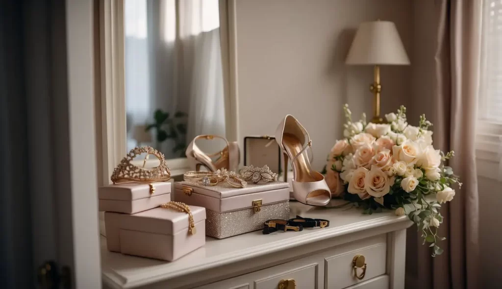 How Long Do Weddings Last: A Timely Breakdown for Couples 1 Bridal getting ready scene with blush heels, pearl tiara, jewelry boxes, watches, and a rose bouquet arranged on a dresser