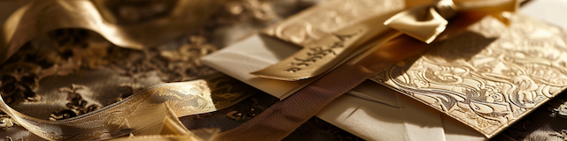 Wedding Etiquette 1 Stack of gold wedding invitation cards and envelopes on a table, softly lit with a warm, elegant tone.