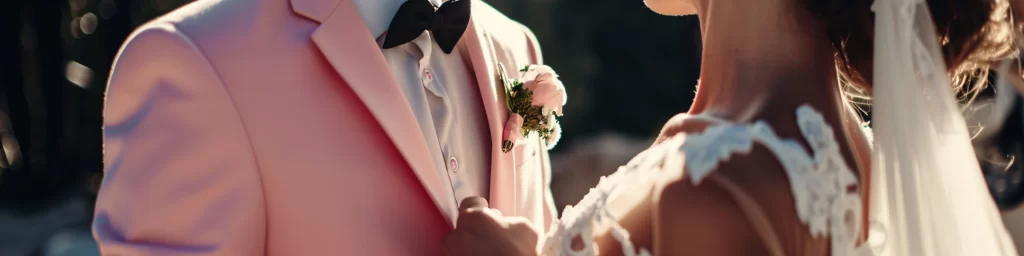 Wedding Planning 1 A close-up shot of a bride and groom, with the groom in a blush pink tuxedo, adjusting his boutonnière, while the bride, wearing a lace gown, looks at him with a soft smile