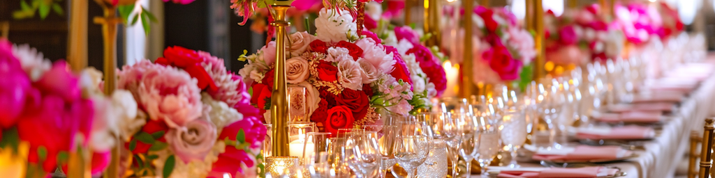 Wedding Reception 1 Long wedding reception table decorated with lush pink and coral floral centerpieces, taper candles, and gold glassware in soft, romantic lighting.