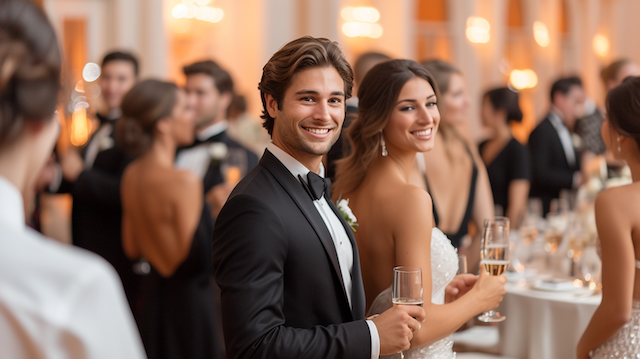 Does the Bridal Party Attend Cocktail Hour? Understanding Wedding Etiquette 32 Newlyweds toast with champagne at cocktail hour, smiling as guests chat in the background of an elegant ballroom reception