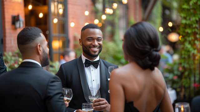 Groomsman in a tuxedo smiling and chatting with guests during an outdoor wedding cocktail hour, holding a drink with bistro lights and greenery in the background