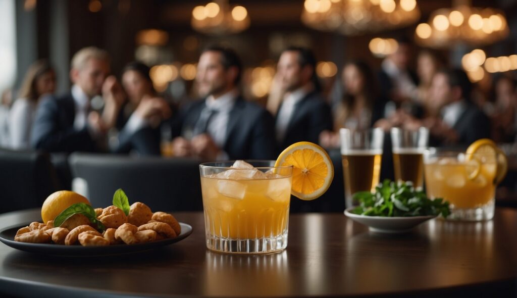 Orange slice cocktails and small appetizers on a table at wedding cocktail hour while guests mingle in a softly lit ballroom

