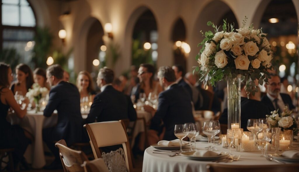 Elegant wedding reception with guests seated at round tables, candlelit decor, and tall white rose centerpiece arrangements in a grand ballroom setting