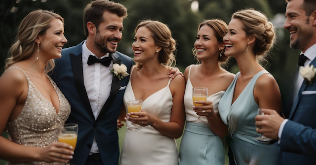 Bridal party smiling together outdoors during cocktail hour, holding orange cocktails and dressed in elegant wedding attire as they celebrate with the couple