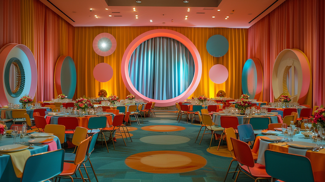 Groovy Wedding Theme: Creating a Retro Celebration 4 Groovy wedding reception ballroom with circular mod backdrops, orange and teal chairs and a patterned retro dance floor