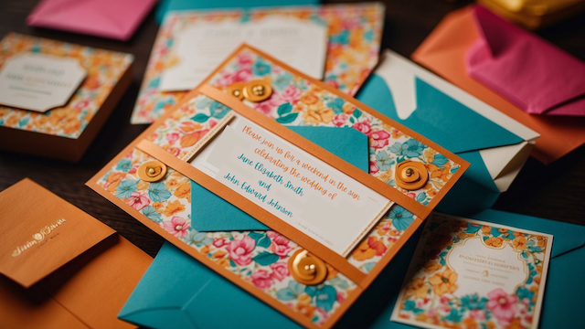 Groovy Wedding Theme: Creating a Retro Celebration 9 Groovy wedding invitations with retro floral borders, orange and teal envelopes and button details on a table