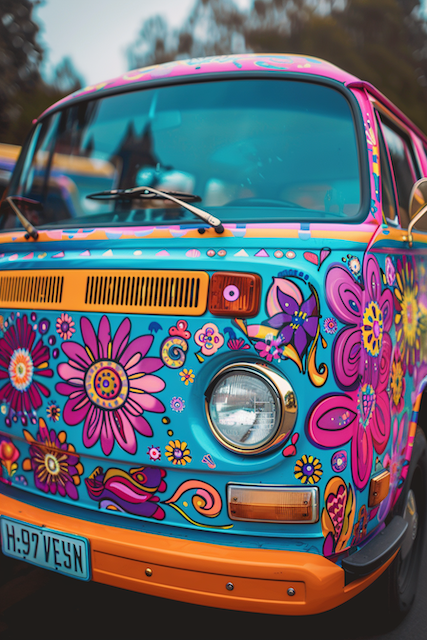 Groovy Wedding Theme: Creating a Retro Celebration 10 Groovy wedding getaway van painted turquoise with bright pink and orange flower-power florals