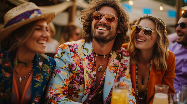 Groovy Wedding Theme: Creating a Retro Celebration 8 Smiling groovy wedding guests in floral '70s jackets, tinted sunglasses and festival-inspired accessories