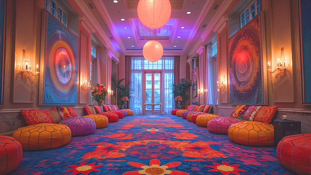 Groovy Wedding Theme: Creating a Retro Celebration 6 Groovy wedding lounge with pink and orange floor cushions, psychedelic wall art and glowing paper lanterns