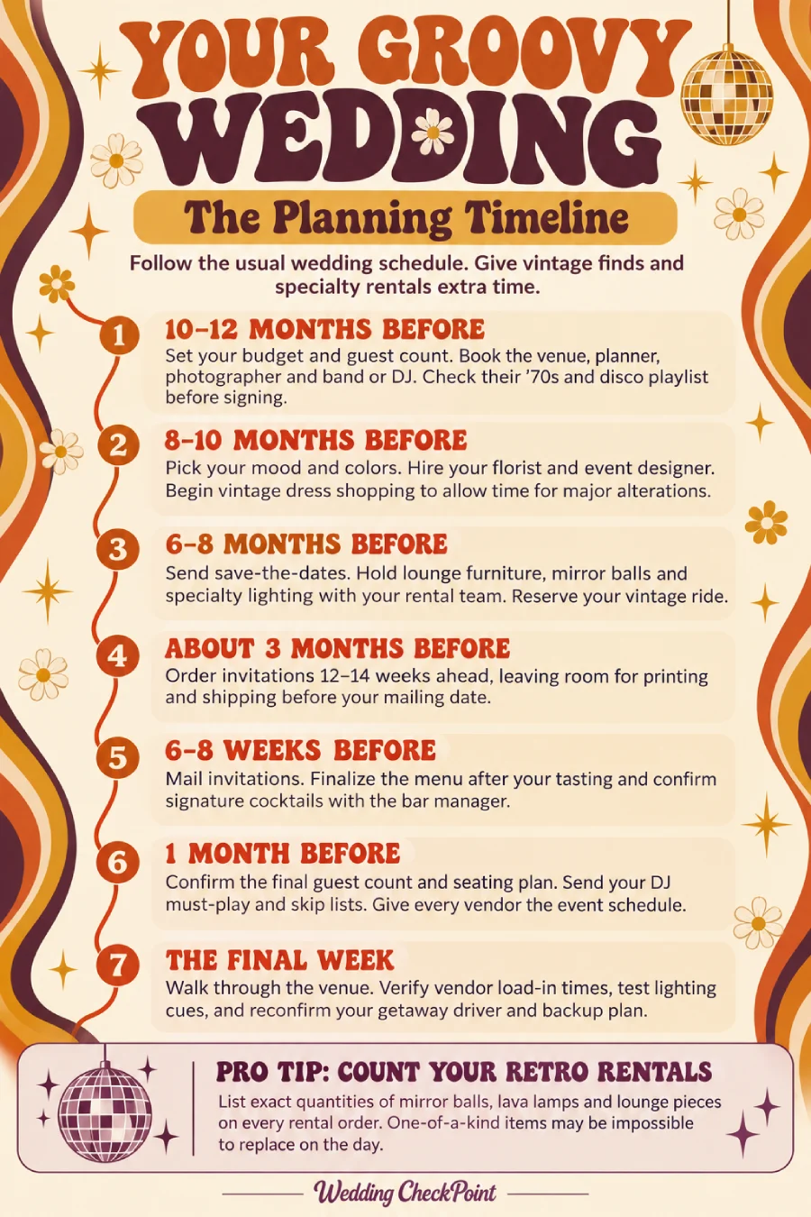Groovy Wedding Theme: Creating a Retro Celebration 3 Groovy wedding planning timeline infographic with seven stages, from booking vendors to final checks, plus a retro rental tip