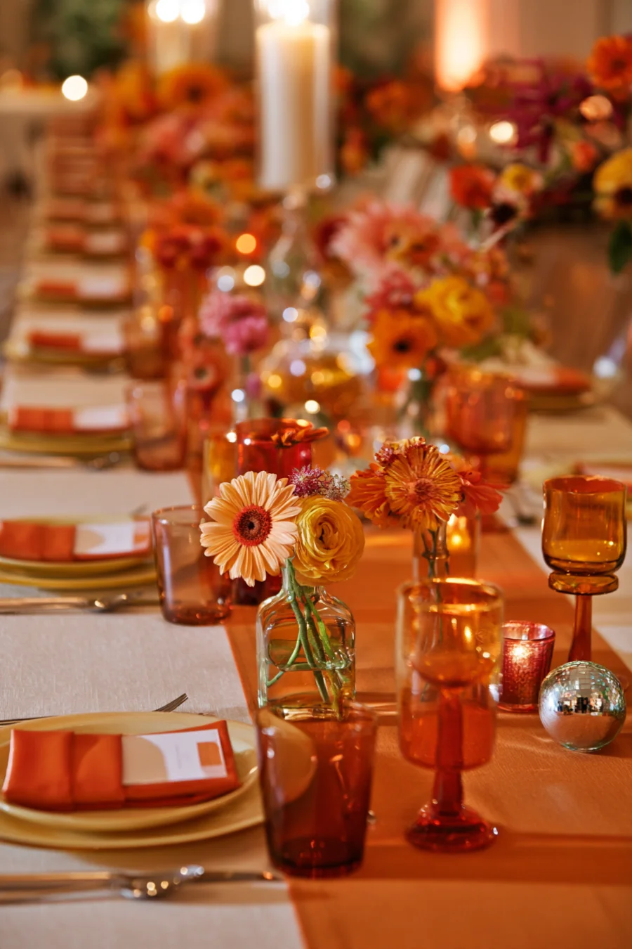 Groovy Wedding Theme: Creating a Retro Celebration 5 Groovy wedding table with amber glassware, orange linens, colorful flowers in bud vases, candles and a mini silver disco ball